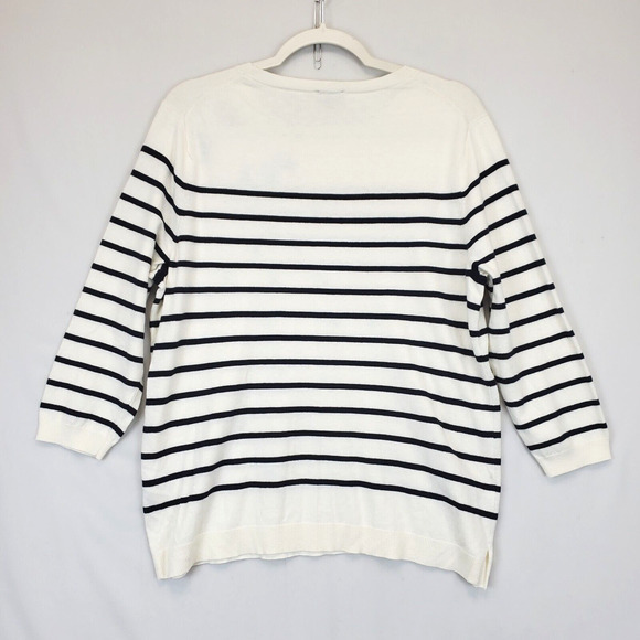 Talbots Knit Sweater Embroidered Peacock Feathers Women XLP Cream Black Stripe - Picture 2 of 9